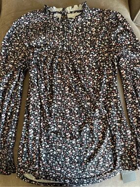 Amazon Black Floral Long-Sleeve Smocked Top with Pink and White Flowers